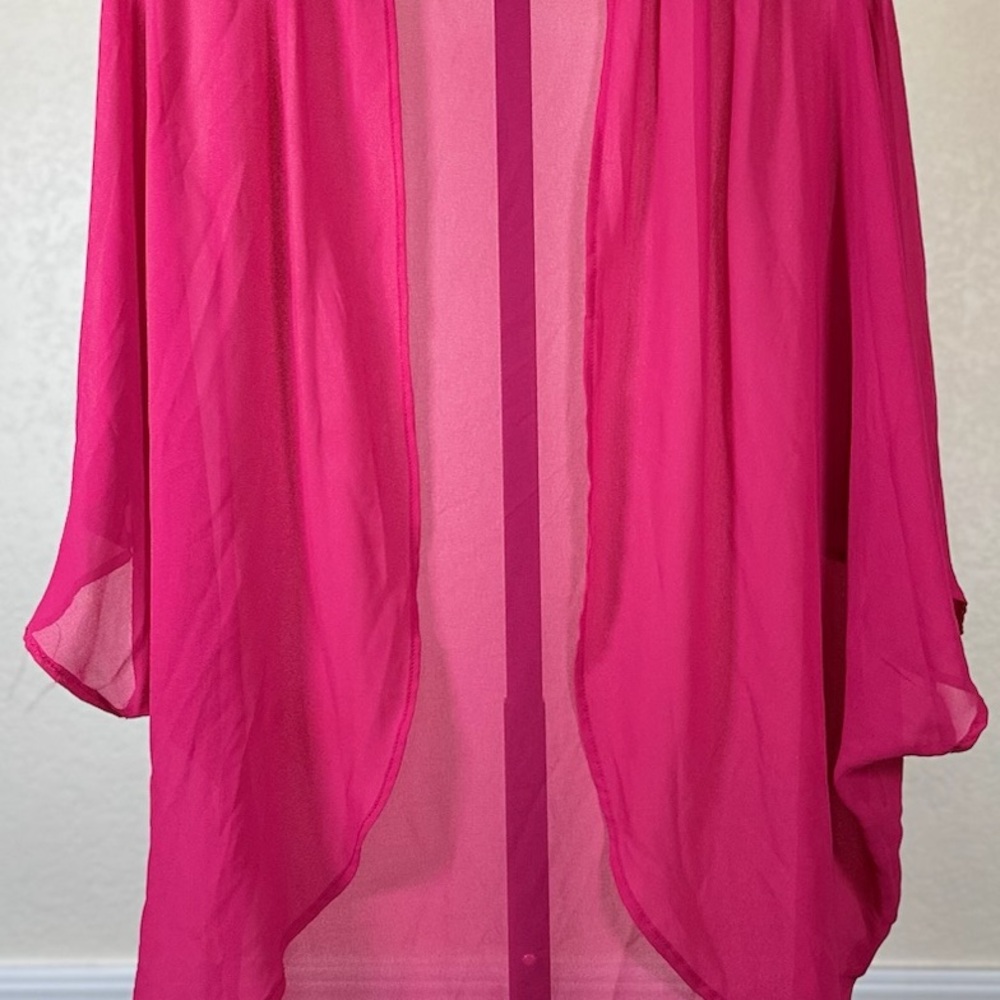 Vibrant Barbie Pink Sheer Cardigan M Edgy Minimalist Festival Drape Open Coverup - Picture 8 of 8